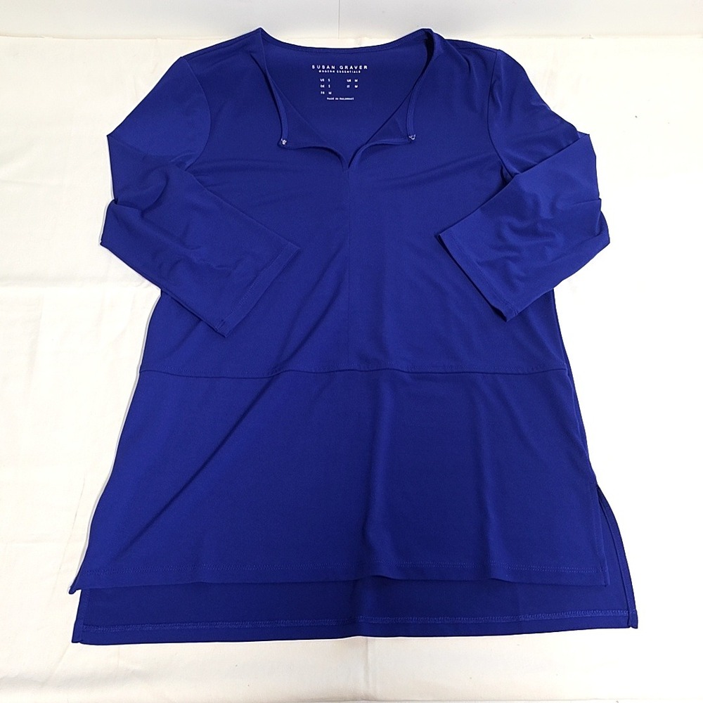 Susan Graver Tunic Women S Blue Split Neck 3/4 Sleeve High Low Modern Essentials